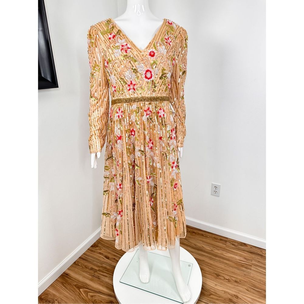 🔥🔥 Mac Duggal Long Sleeve Floral Beaded MIDI Dress Size 14 - Picture 10 of 12